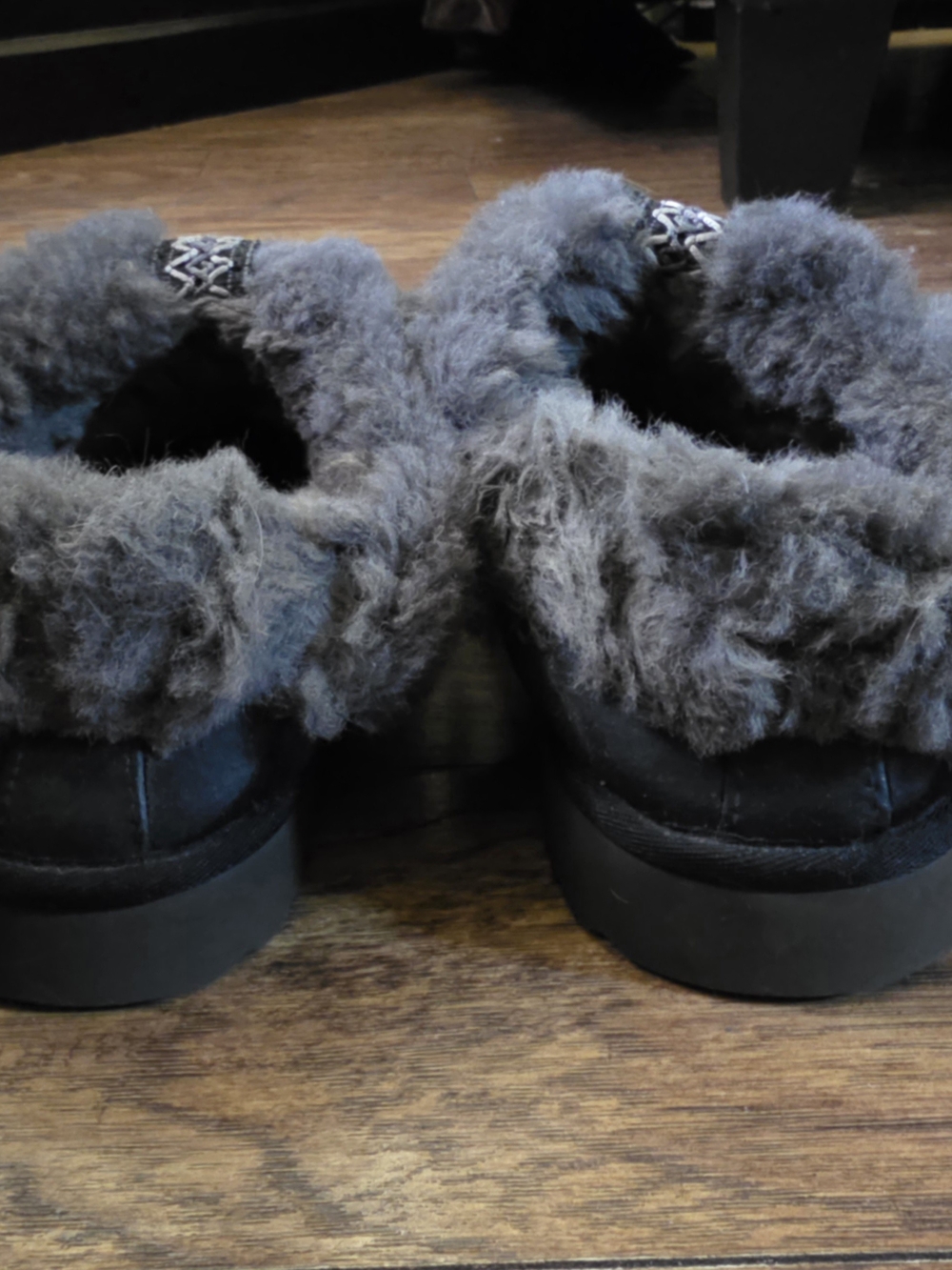 UGG Black Suede Moccasin Slippers with Gray Shearling Cuff - Picture 4 of 11